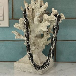 Vtg Chunky Link Statement Necklace Black & Silver Triple Oval Chain Adjustable